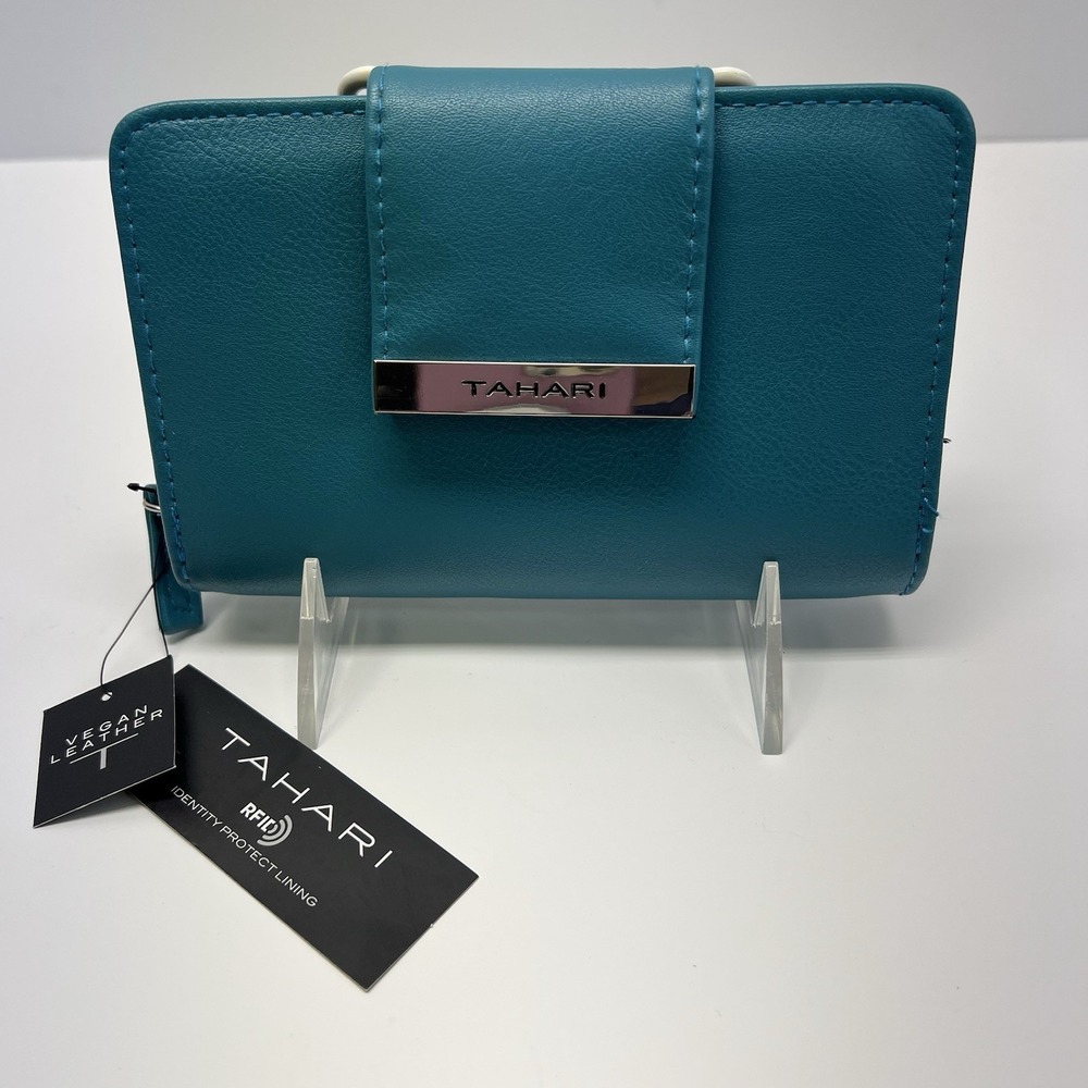 Tahari Bifold Wallet Womens OS‎ Teal Vegan Leather RFID Blocking Snap Zip New